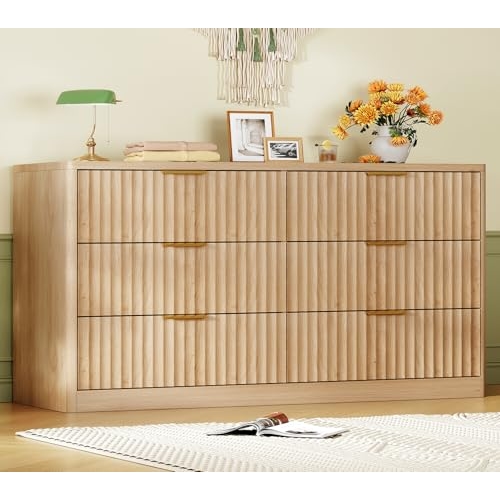 TEENFON Fluted 6 Drawer Dresser for Bedroom, Wide Modern Chest of Drawers with Metal Handle, Curved Profile Design, Wood Closet Clothes Storage Organizer for Bedroom, Hallway, Natural TEENFON Fluted 6 Drawer Dresser for Bedroom, Wide Modern Chest of Drawers with Metal Handle, Curved Profile Design, Wood Closet Clothes Storage Organizer for Bedroom, Hallway, Natural