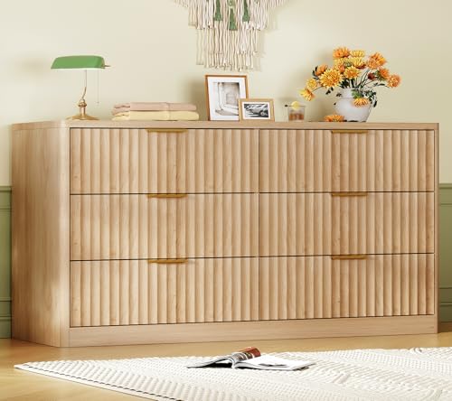 Image of TEENFON Fluted 6 Drawer Dresser for Bedroom, Wide Modern Chest of Drawers with Metal Handle, Curved Profile Design, Wood Closet Clothes Storage Organizer for Bedroom, Hallway, Natural