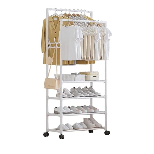 Image of Lukzer Multi-Layer Clothing Organizer Rack with Hanging Rod | Freestanding Metal Organizer Stand for Home, Bedroom, Balcony & Dorm | Space-Saving Garment Hanger | Modern DIY Assembly (White) CH-096