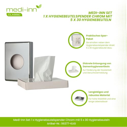 Medi-Inn Hygienebeutelspender | mit Hygienebeuteln | 1 x Spender chrom + 5 x 30 Hygienebeutel | für eine einfache Entsorgung von Damenbinden, Slipeinlagen und Tampons