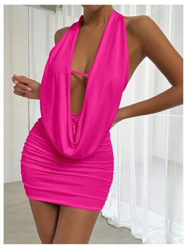 Image of SOLY HUX Women's Sexy Deep V Neck Halter Bodycon Mini Dress Sleeveless Party Club Dresses