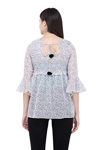 Image of POPWINGS Printed Chiffon Peplum Tops for Women || 3 /4th Sleeves Square Neck Women Tops for Summer || Stylish Western Smocking Women Tops