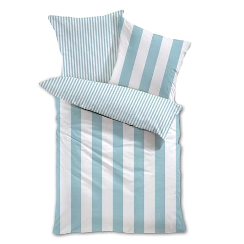 Traumschlaf Mako-Satin Wende-Bettwäsche Los Angeles – Edle Satin Bettwäsche aus 100% Baumwolle mit moderner Streifenoptik in warmen Naturtönen – 135x200 cm + 80x80 cm, hellblau