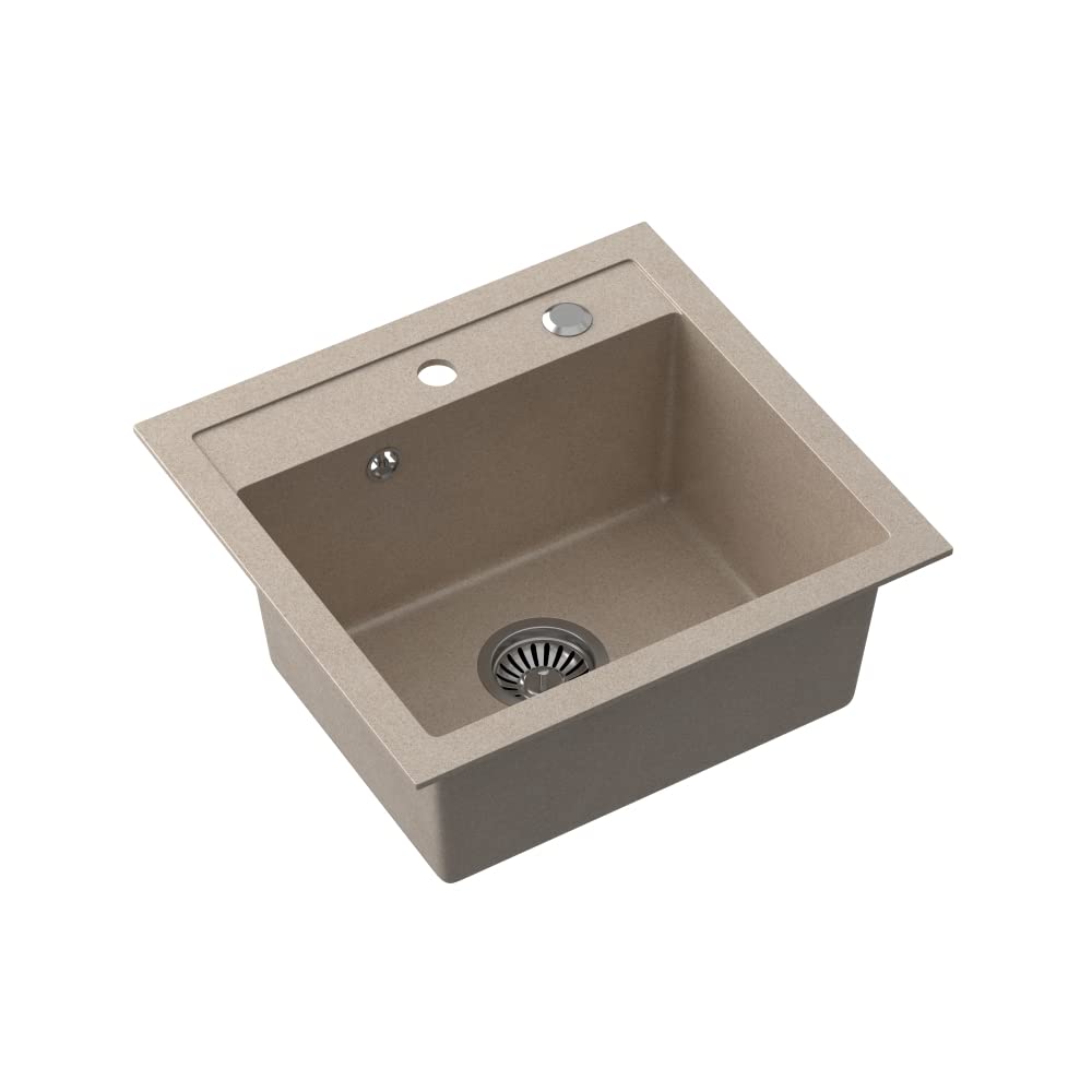VBChome Fregadero de granito beige 50 x 47 cm – Fregadero de cocina individual con grifo y sifón, fregadero de cocina moteado de compuesto