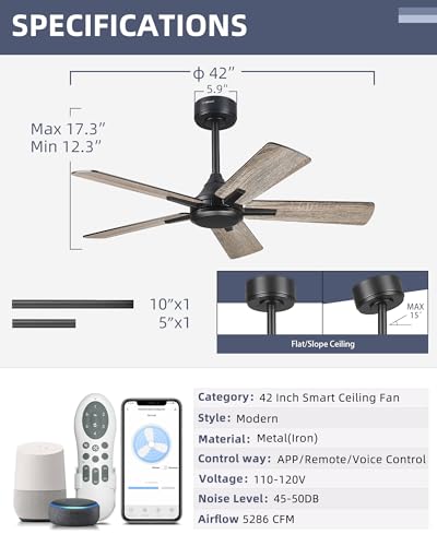 Image of YOUKAIN 42 Inch Smart Ceiling Fan Without Lights, Black Modern Ceiling Fan with Remote & Voice Control, Reversible Blades, Indoor Outdoor Ceiling Fan for Patio Living Room, 42-YJ812-BK-NL