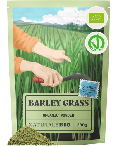 NaturaleBio Raw Organic Barley Grass Powder 200g. Bio Natural and Pure Grown in Europe. Ideal for Green juices Smoothies and Recipes. Suitable for Vegetarians and Vegans. (Pack of 1)