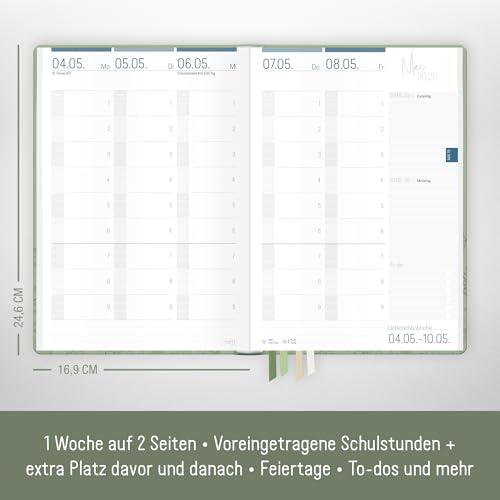Häfft® Lehrer-Planer 2025/2026 A5 + \Green Poppy\ Hardcover Lehrerkalender/Schuljahresplaner mit 236 Seiten, Stickern und mehr - nachhaltig & klimafreundlich