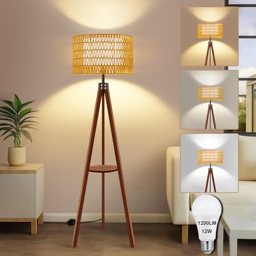Boho Rattan Floor Lamp with Shelf and Bulb