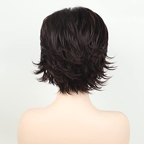 Renershow Brown With Blonde Highlight Wavy Short Pixie Wigs For White Women Natural Looking Synthetic Wig With Bangs Layered Short Haircuts For Daily Party #TOP5