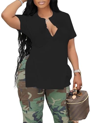 LovelyWholesale Womens Sexy V Neck T Shirts Short Sleeve Side Slit Summer Tops Black Large