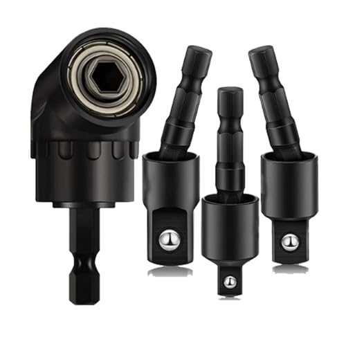4-in-1 Impact Drill Bit Extension Set with a 105° angle screwdriver bit, right angle drill adaptor, and 360° rotatable socket adapters for 1/4
