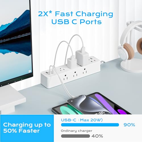 Image of Flat Plug Desk Clamp Power Strip 10FT, 40W Total Fast Charging Station, 2 PD20W USB C Ports, Desk Edge Mount Power Strip 9 AC Outlets 8 USB Ports Surge Protector, Fit 1.7 inch Tabletop Edge, White
