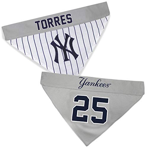 Image of MLBPA Reversible Dog CAT Bandana - GLEYBER Torres #25 Pet Bandana - MLB New York Yankees Home & Away Bandanna, Large /X-Large