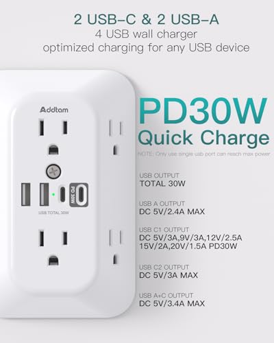 Image of Addtam 6-Outlet Extender Surge Protector, Multi Plug Wall Outlet with 4 USB Wall Charger(PD 30W), Plug Extension Outlet with 1800J, Outlet Splitter Power Strip for Home Office, White