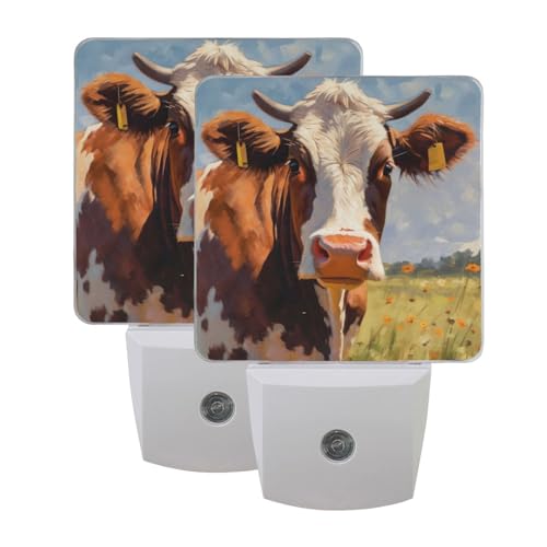 Image of Cow Cattle Night Lights 2 Pack Plug-in Wall Led Nightlight Auto Dusk-to-Dawn Sensor Lamps for Bedroom Kitchen Bathroom