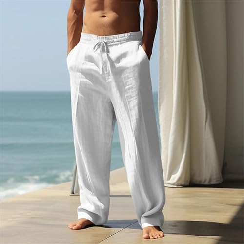 Men Linen Pants Summer Elastic Waist Drawstring Baggy Trousers Lightweight Beach Pants with Pockets3