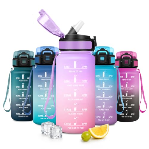 JAPORIA Botella Agua 500ml, Botella con Pajita, Cantimplora con Marcador de Tiempo, Reutilizable, sin BPA, Motivacional, para Escuela, Oficina, Camping, Senderismo