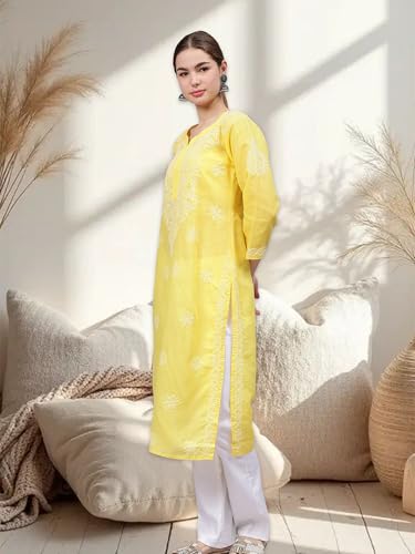 Image of Seva Chikan Hand Embroidered Lucknowi Chikankari Appricoat Peach Terivoil Cotton Kurta for Women SCL4603