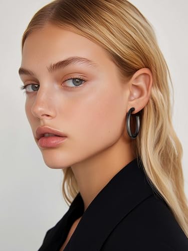 Image of Stainless Steel Chunky Hoop Earrings For Women, Minimalist and Chic, Black /Gold Plated, Round Hoops Earrings Hypoallergenic, Size: 30mm /40mm /60mm /80mm, Come with Box