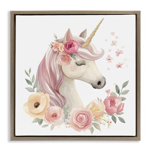 Unicorn Floral Wreath Fantasy, 24 x 24 Inch Canvas in Floater Frame