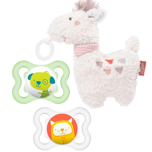 Fehn Chupeta con peluche para bebé 13 cm & MAM Air mini Silicone 0-6, caja de transporte esterilizante