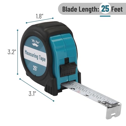 Image of Mr. Pen 25-Foot Steel Retractable Tape Measure with Fractions, Easy Read - Teal /Black