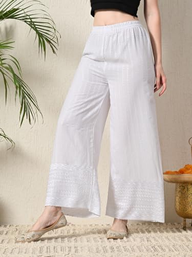 Image of feranoid White Chicken Embroidred Cotton Regular Fit Palazzo