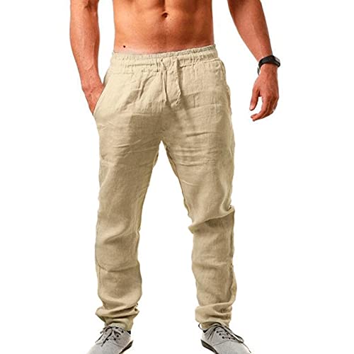 Men's Casual Long Pants Linen Pants - Loose Lightweight Casual Trousers Summer Yoga Beach Trousers, Khaki02, Small