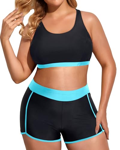 Image of Holipick Women Plus Size Swimsuits - Athletic 3 Piece Tankini with Shorts