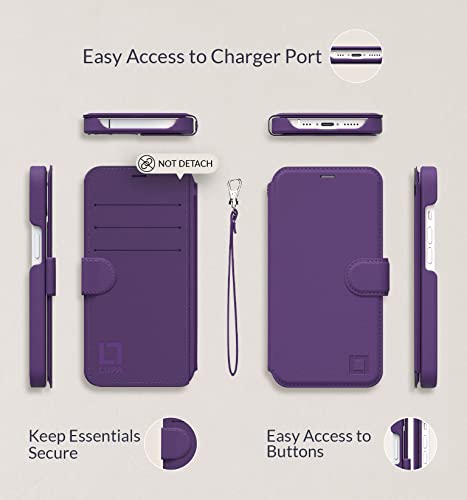 Image of Compatible With iPhone 12 Wallet case for Women & Men - 12 Pro case with Card Holder [Slim and Durable] Faux Leather - Flip Cell Phone case, Folio Credit Cover - Purple [Includes Wristlet]