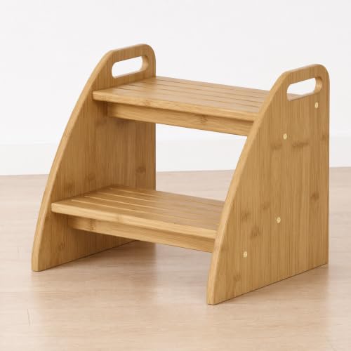 Image of Bamboo 2 Step Stool 300lbs Capacity, Wooden Two Step Stool with Non-Slip Handles, Heavy Duty Stepping Stool for Bedside High Beds Adults, Sturdy Small Bathroom Kitchen Wooden Step Stool