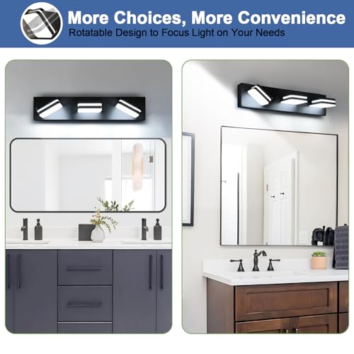 Image of Torondo 360 Rotate LED Bathroom Vanity Light Fixtures, Acrylic Vanity Lights for Bathroom, Modern Wall Lighting Fixtures Over Mirror Living, Matte Black, Natural White, 3-Light, 23.6-Inch