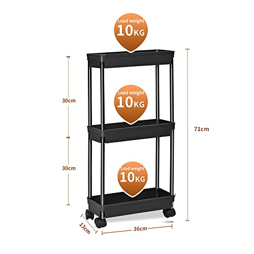 WASJOYE 3-Tier Slim Rolling Cart,Easy Assemble Mobile Storage Trolley On Wheels,Slide Out Utility Organizer Cart Shelving Units for Narrow Space on Kitchen Bathroom Laundry Room Office,13 * 36 * 71cm - Image 6