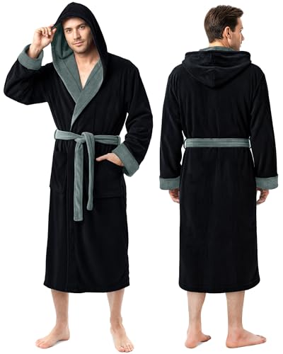 NY Threads Mens Robe with Hood, Luxury Plush Fleece Hooded Mens Bathrobe, Spa Bath Robe for Men, 2X-Large/3X-Large, Black and Steel Grey
