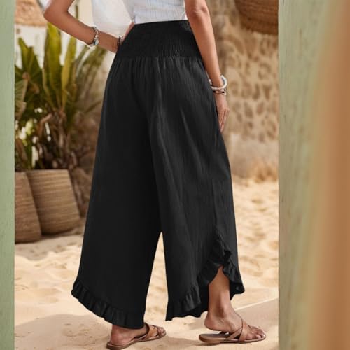 Summer Wide Leg Linen Pants for Women Smocked Waist Ruffle Palazzo Pants Boho Flowy Casual Beach Trousers with Pockets4