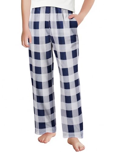 Arshiner Boys Pajama Pants Long Sleep Plaid Pants Soft Lounge Pj Bottoms with Pockets Dark Blue White Plaid 11-12 Years