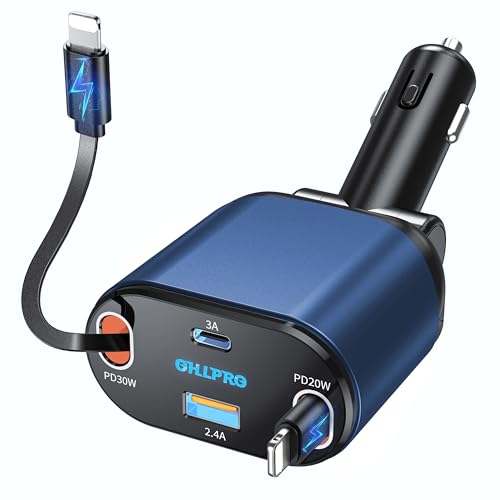 OHLPRO Retractable Car Charger for iPhone, 80W USB C Car Charger Adapter, Gift for Men Women, USB i Fast Charging for iPhone 16 15 14 13 12 Pro, Max, iPad, Samsung, Blue