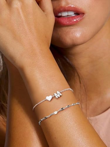 Silvora 925 Sterling Silver Dainty Initial Bracelet with Heart - 6.3" + 2" Adjustable Personalized 26 Letter Bracelet Jewelry Heart Bracelet for Women2