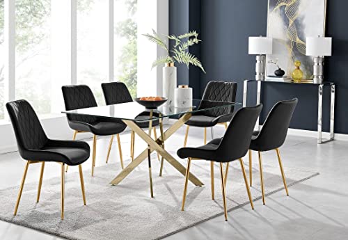 Furniturebox UK Leonardo 6 Gold Dining Table and 6 Black Pesaro Gold Leg Chairs