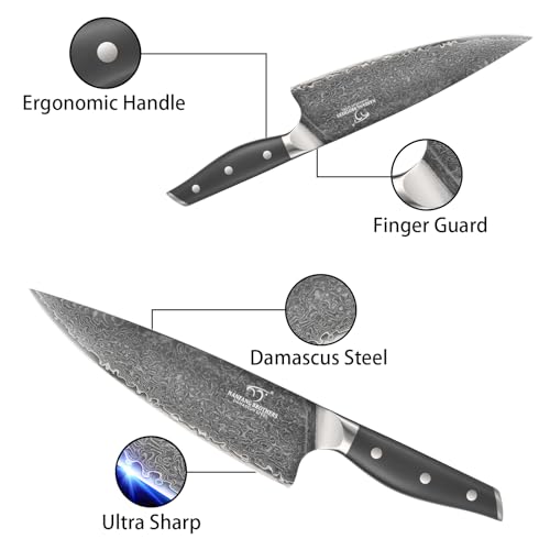 NANFANG BROTHERS Set di coltelli da cucina Damasco 7 pezzi con blocco, manico in ABS antiscivolo, set di coltelli in acciaio inox ultra affilati con blocco, coltello da chef, coltello da pane, ecc - immagine 5