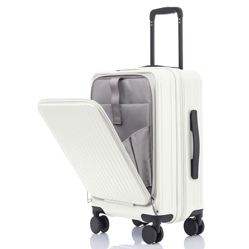 Simcat Carry On Suitcase, 20-Inch Cabin Suitcase with Front Zipper Pocket, PC+ABS Lightweight Airline Approved Luggage with Cup Holder, TSA Lock, Silent Wheels (White, 20 in/54cm)