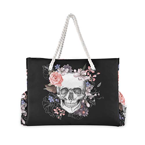 ALAZA Beach Bag, Sugar Skull Floral the Day of Dead Travel Tote Bags for Camping, Exercise2