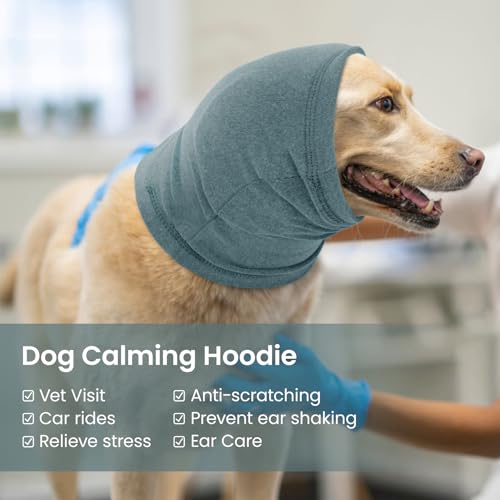 Image of BRKURLEG Dog Calming Hoodie, Ear Muffs for Noise Protection, Dog Head Cover Sleeves Ears Covers, Pet Ear Covers Hood for Anxiety Relief, Hematoma, Grooming and Force Drying, LightBlue, M