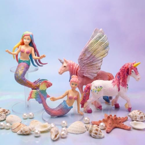 Image of SOLDAY Mermaid Unicorn Paint Kit for Girls - 4 Hairstyles, 4 Figures Set | Includes 2 Mermaid princess, 2 Unicorn figurines for Girls ages 3+, Mix and match hair game for a Ceative craft party gift
