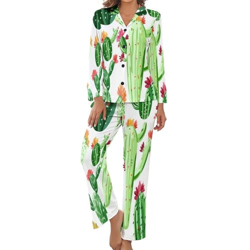 Pyjama femme chemise et pantalon ample anti-transpiration motif cactus mignon