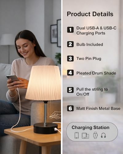 Image of Homesake Bedside Lamp for Bedroom Nightstand Table Light with USB A | C Charging Port, Desk Lamp, Pull Chain Light, Side Table Desk Reading Lamp, Living Room Gift, (White Frill)