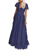 MEROKEETY Women's V Neck Short Sleeve Floral Lace Wedding Dress Bridesmaid Cocktail Party Maxi Dress Navy