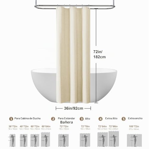 Miniatura 6 de Cortina De Ducha Para Baño Con Ganchos De Metal Cortina De Ducha De Tela De Lino Cortina De Baño Resistente Para Bañera Ducha, Impermeable - 92 X 182cm Beige