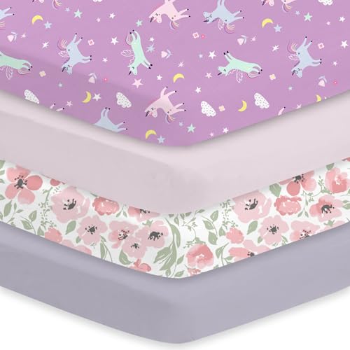 Image of Little Grape Land Crib Sheets 4 Pack for Boys and Girls, Baby Neutral Crib Fitted Sheets for Standard Crib & Toddler Mattress, Super Soft Breathable Fitted Crib Sheet Set, Daliah & Unicorn