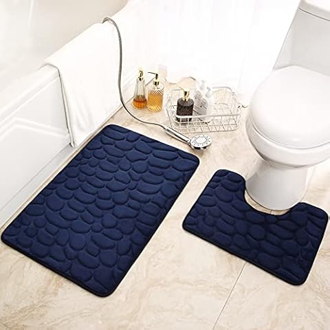 Bath Mat Set 2 Pieces,Bathroom Mat and U-Shaped Contour Toilet Pedestal Rug Set,Memory Foam Non Slip Absorbent Machine Washable Fast Drying Shower Floor Bathmat(32"x20"+20"x16",Cobblestone Blue) Cover